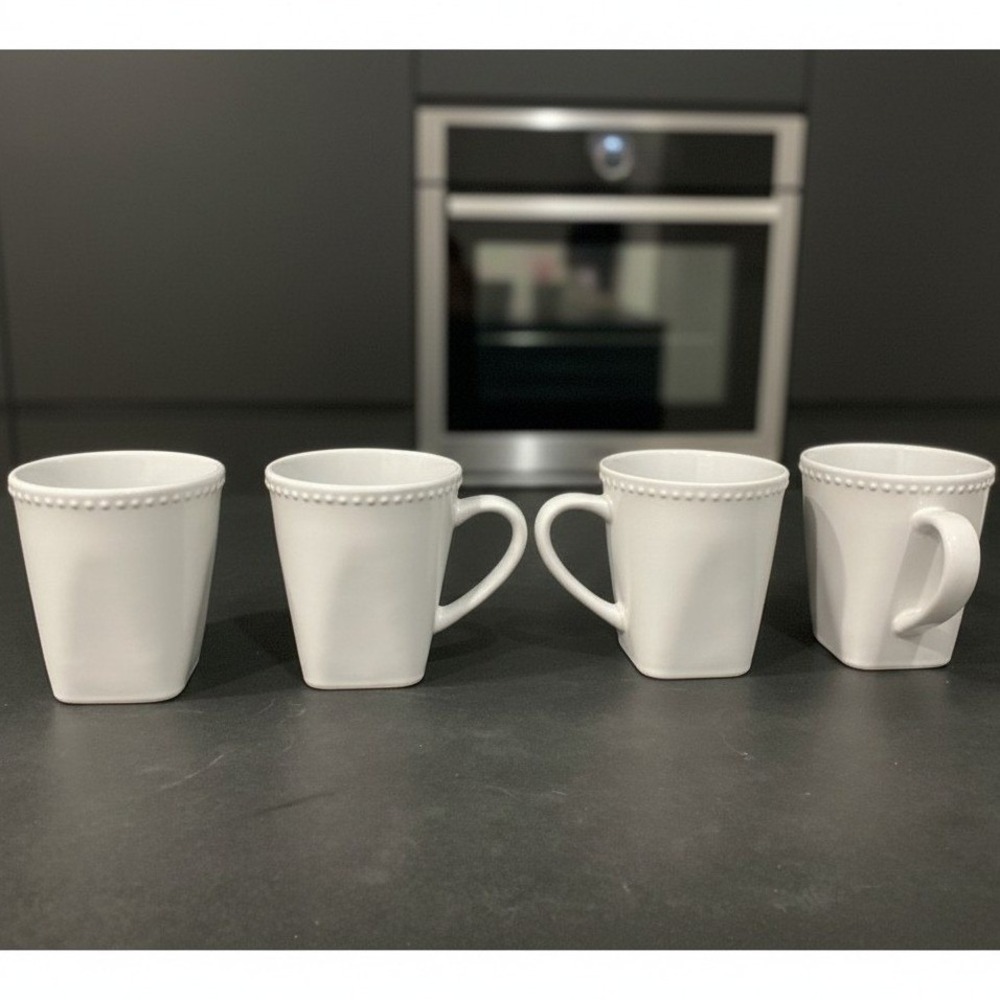 10 Strawberry Street White Beaded Ceramic Coffee Cups Mugs Set of 4